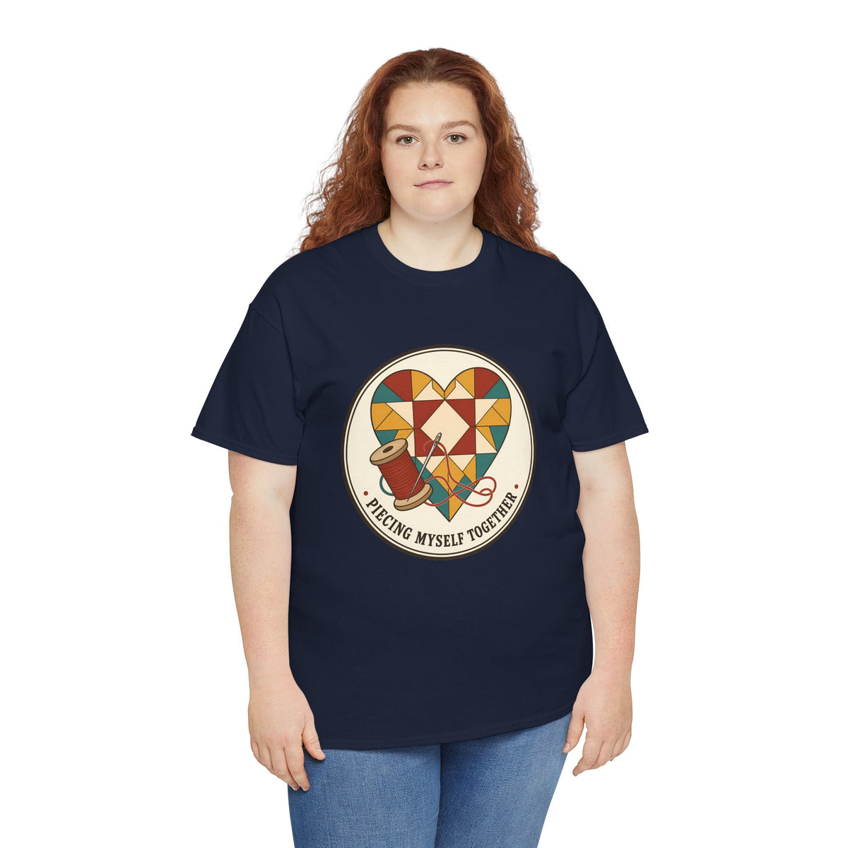 Piecing Myself Together Quilting Plus Size Tee up to 5XL, Quilt Heart Badge Shirt, Retro Quilter Gift, Patchwork Lover
