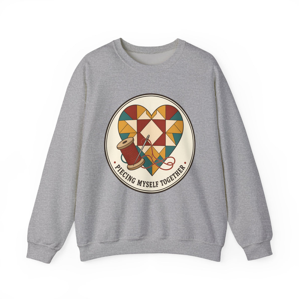 Piecing Myself Together Quilting Sweatshirt, Quilt Heart Badge Crewneck, Retro Quilter Gift, Patchwork Lover Sweater