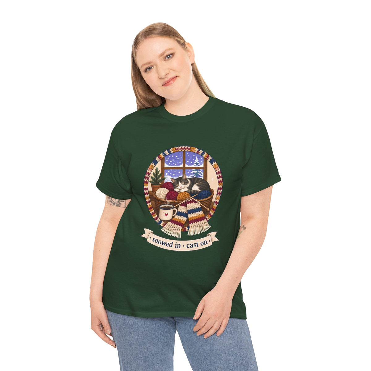 Snowed In Cast On Plus Size Tee up to 5XL, Cozy Knitting Cat Shirt, Winter Knitter Gift, Yarn Lover Gift