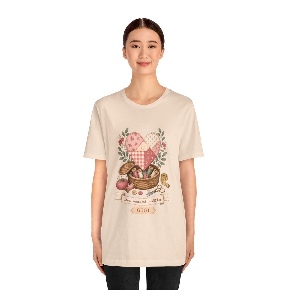 Love Measured in Stitches Gigi Shirt, Sewing Grandma Gift, Personalized Quilting Nana Tee or Tote, Mothers Day Gift