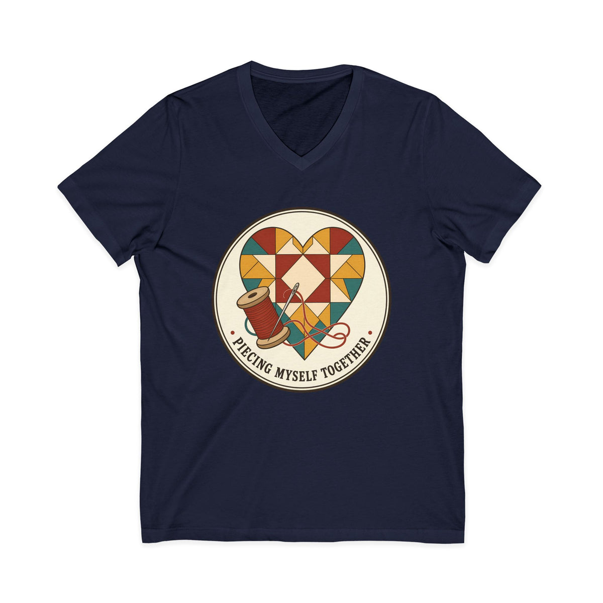 Piecing Myself Together Quilting V-Neck Shirt, Quilt Heart Badge Tee, Retro Quilter Gift, Patchwork Tote Bag