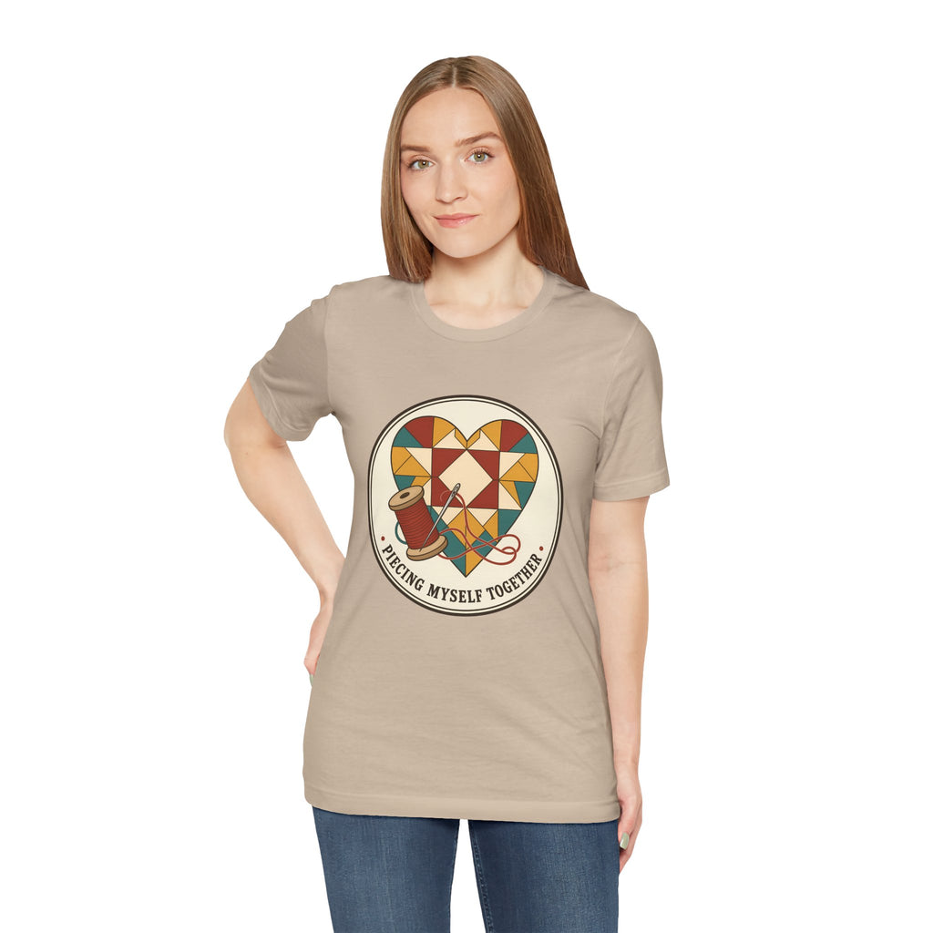 Piecing Myself Together Quilting Shirt, Quilt Heart Badge Tee, Retro Quilter Gift, Patchwork Tote Bag