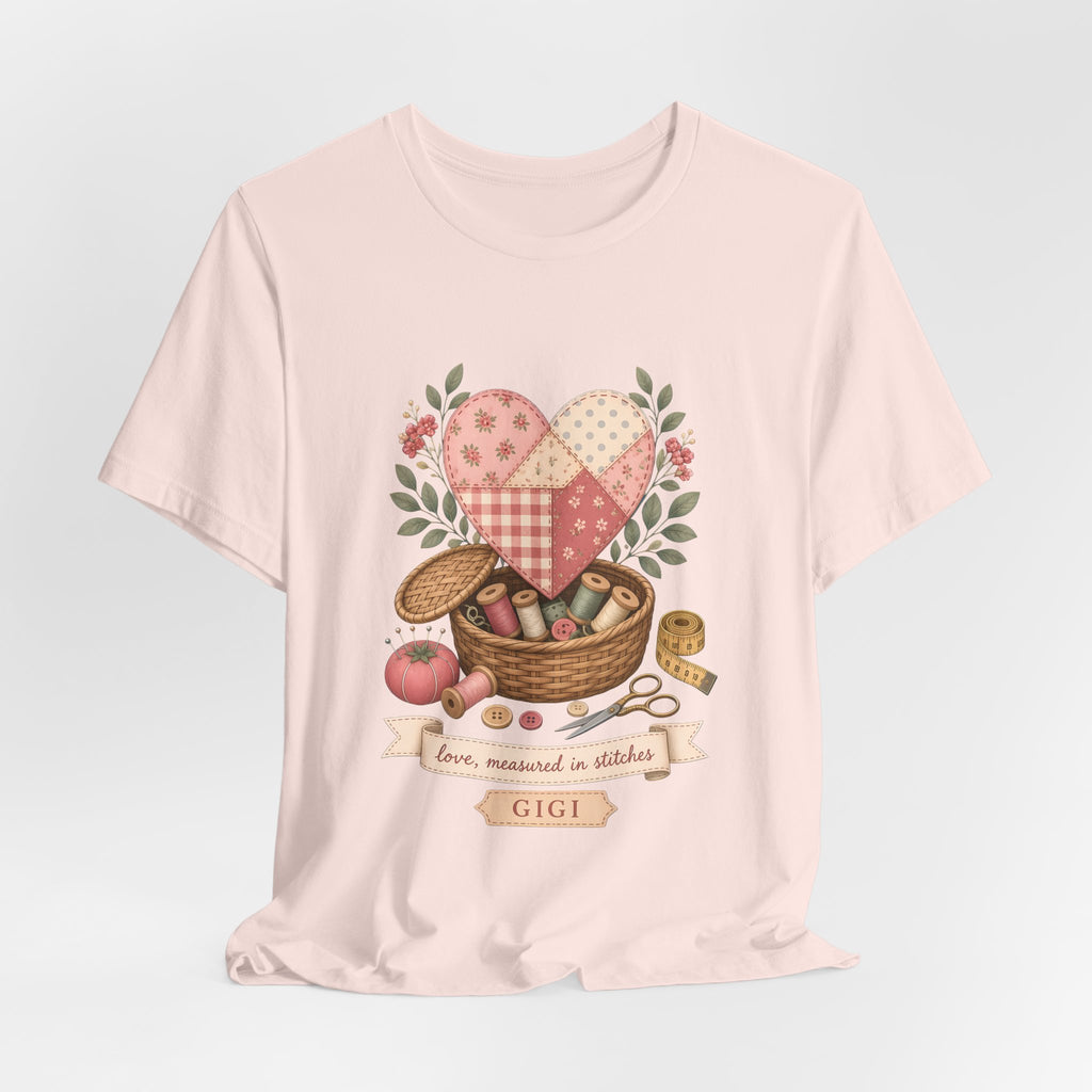 Love Measured in Stitches Gigi Shirt, Sewing Grandma Gift, Personalized Quilting Nana Tee or Tote, Mothers Day Gift