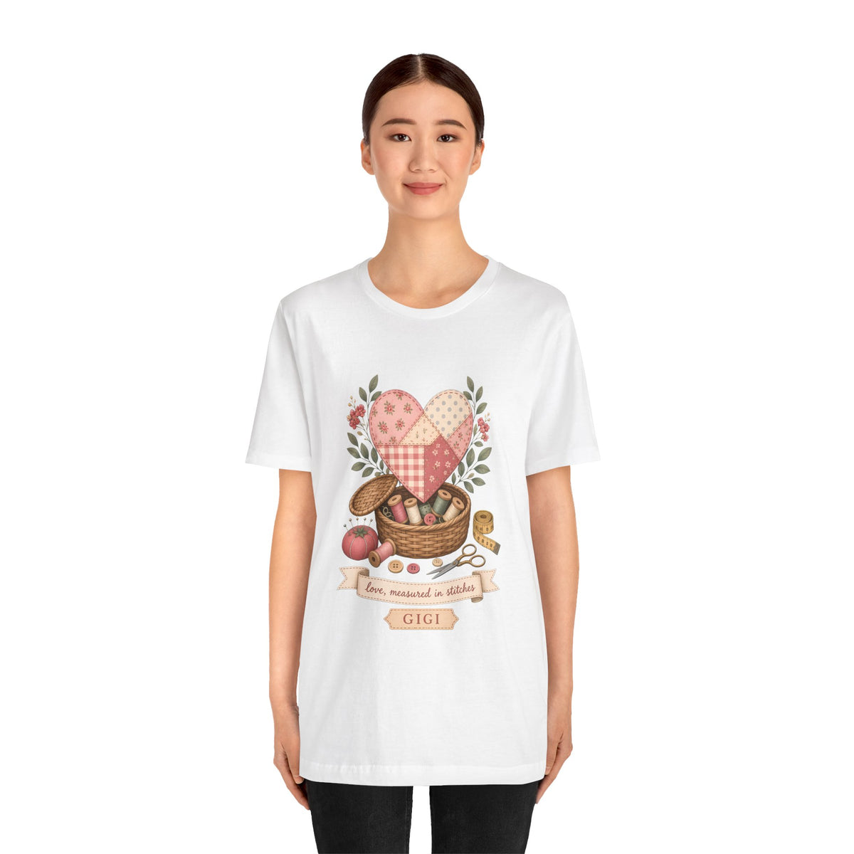 Love Measured in Stitches Gigi Shirt, Sewing Grandma Gift, Personalized Quilting Nana Tee or Tote, Mothers Day Gift