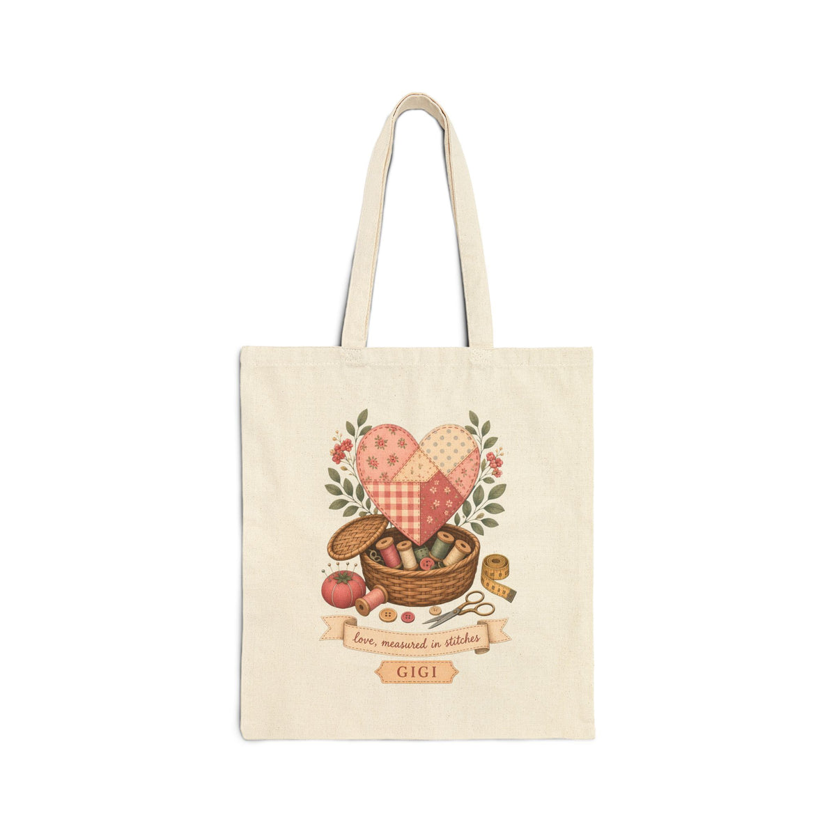 Love Measured in Stitches Gigi Tote Bag, Sewing Grandma Gift, Personalized Quilting Nana Craft Tote Bag, Mothers Day Gift