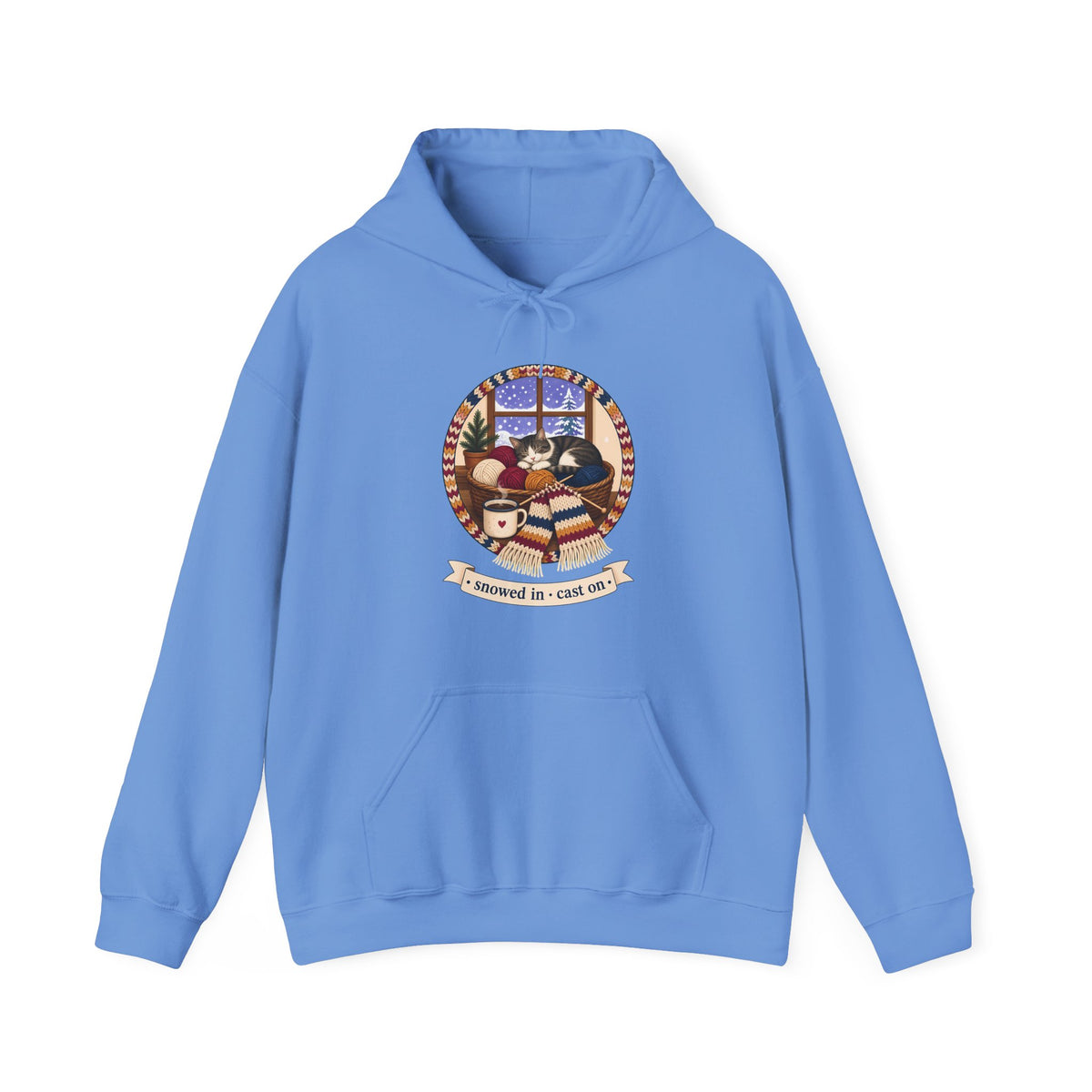 Snowed In Cast On Hoodie, Cozy Knitting Cat Hooded Sweatshirt, Winter Knitter Gift, Yarn Lover Hoodie