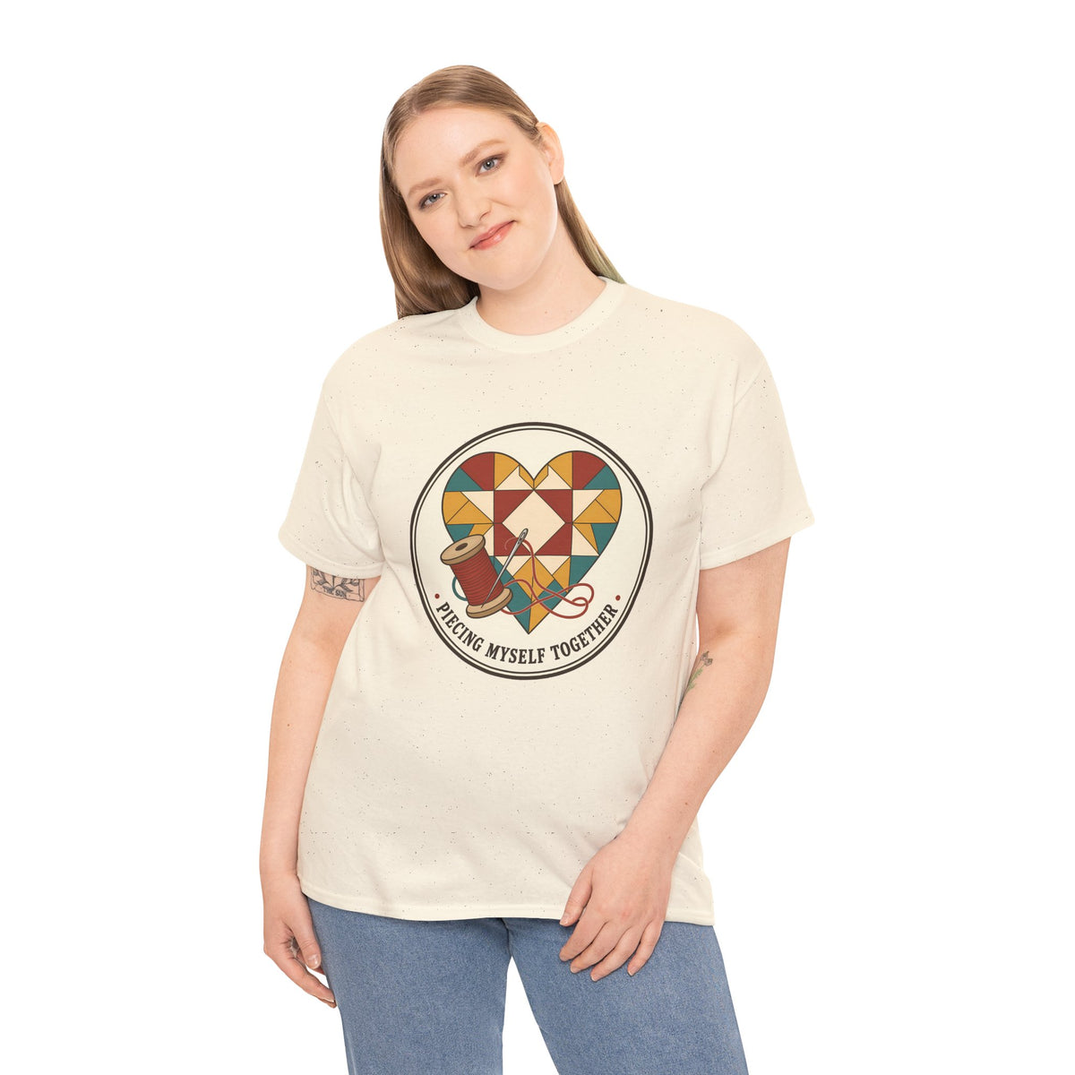 Piecing Myself Together Quilting Plus Size Tee up to 5XL, Quilt Heart Badge Shirt, Retro Quilter Gift, Patchwork Lover