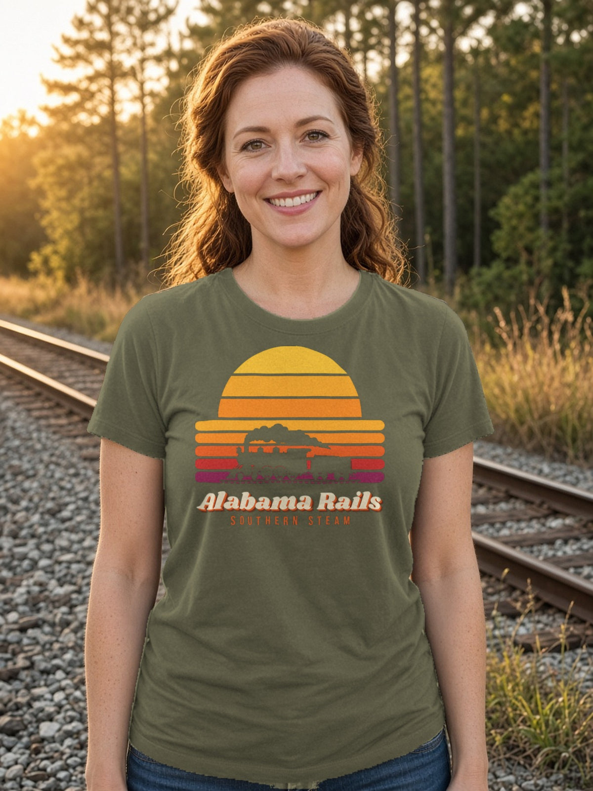 Southern Steam Sunset Alabama Rails Tee - Army