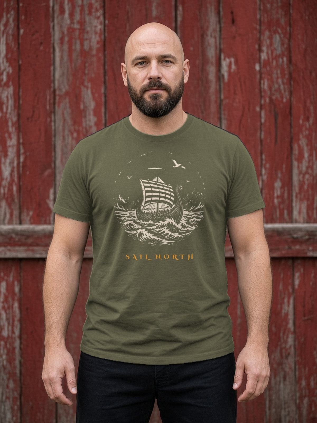 Sail North Longship Woodcut Tee - Army