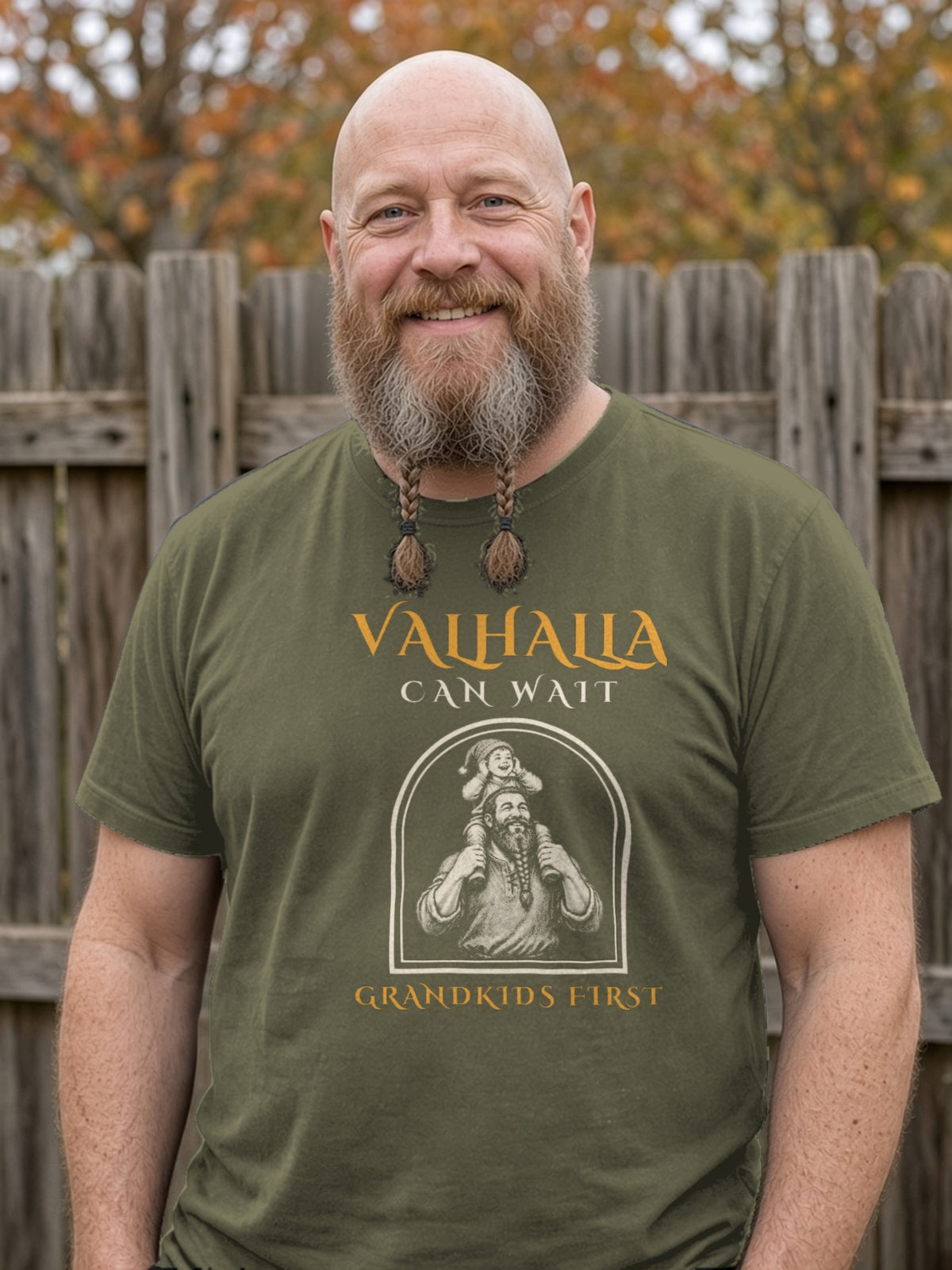 Valhalla Can Wait, Grandkids First Viking Tee - Army