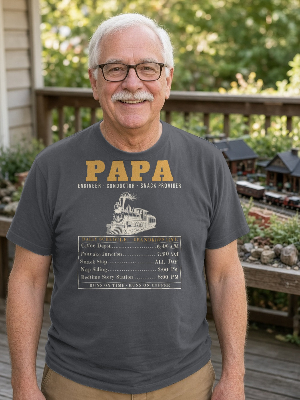 Papa: Engineer, Conductor, Snack Provider Tee - Asphalt