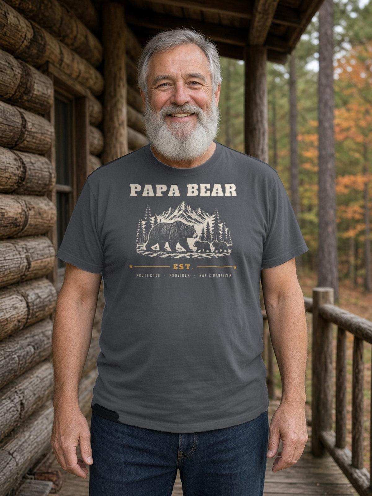 Papa Bear Woodcut Tee - Asphalt