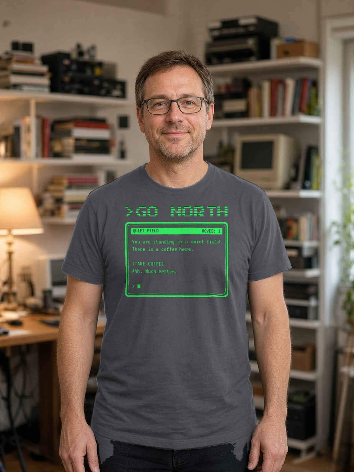 >GO NORTH Retro Text Adventure Tee - Asphalt