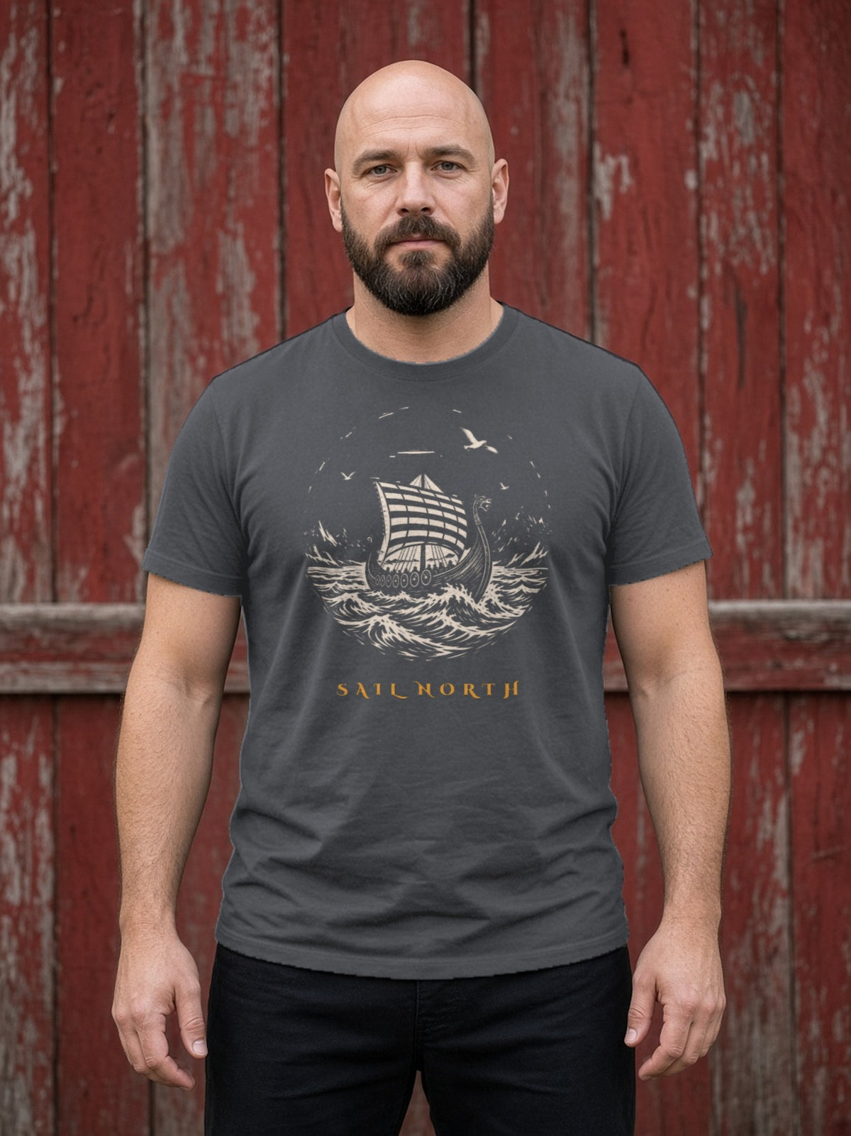Sail North Longship Woodcut Tee - Asphalt