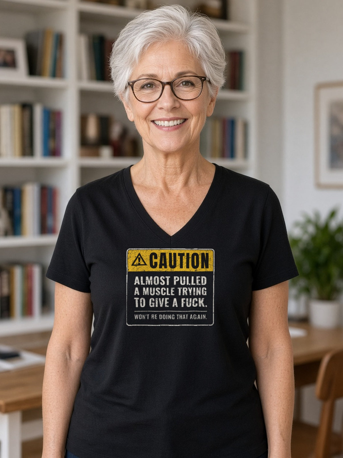 Almost Pulled a Muscle V-Neck Tee – Caution - Black