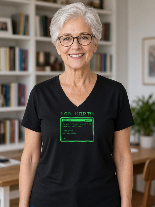 >GO NORTH Retro Text Adventure V-Neck Tee (Poly Blend) - Black