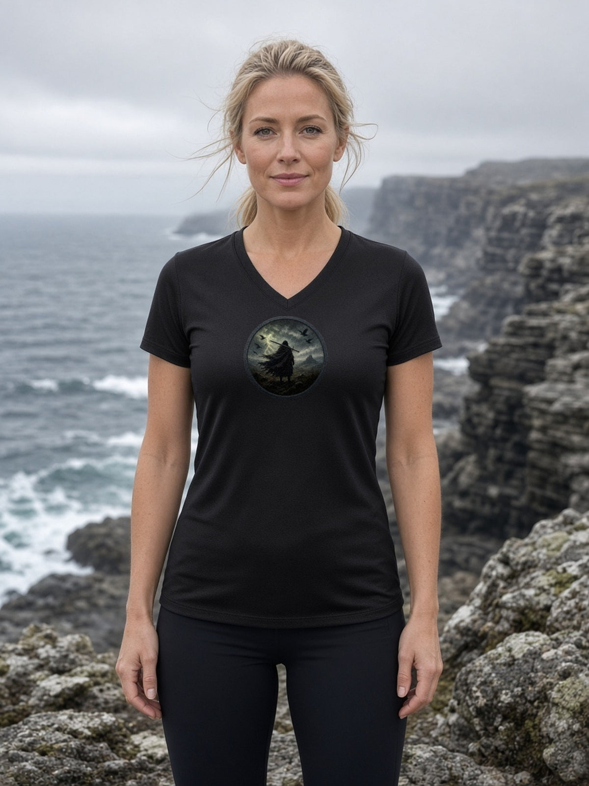 The Storm Moor Swordsman Women's V-Neck Tee (Polyester) - Black