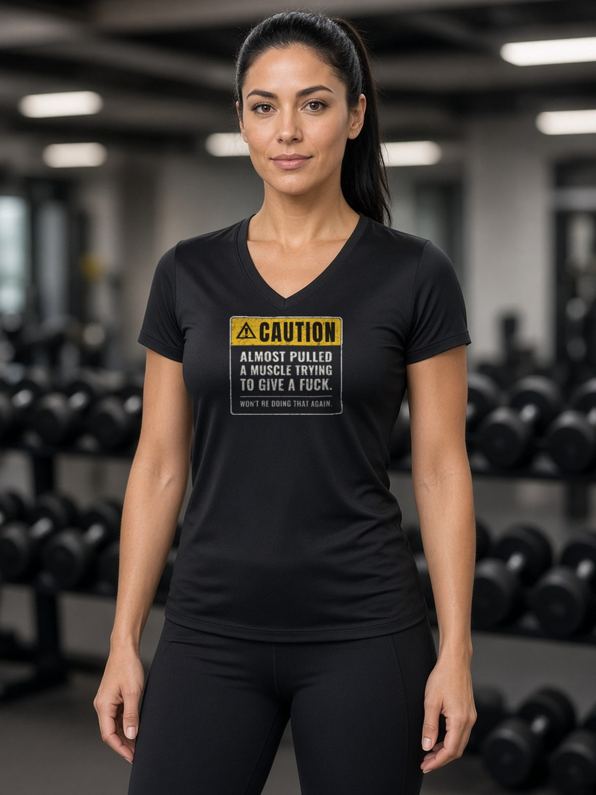 Almost Pulled a Muscle Women's V-Neck Tee (Polyester) – Caution - Black