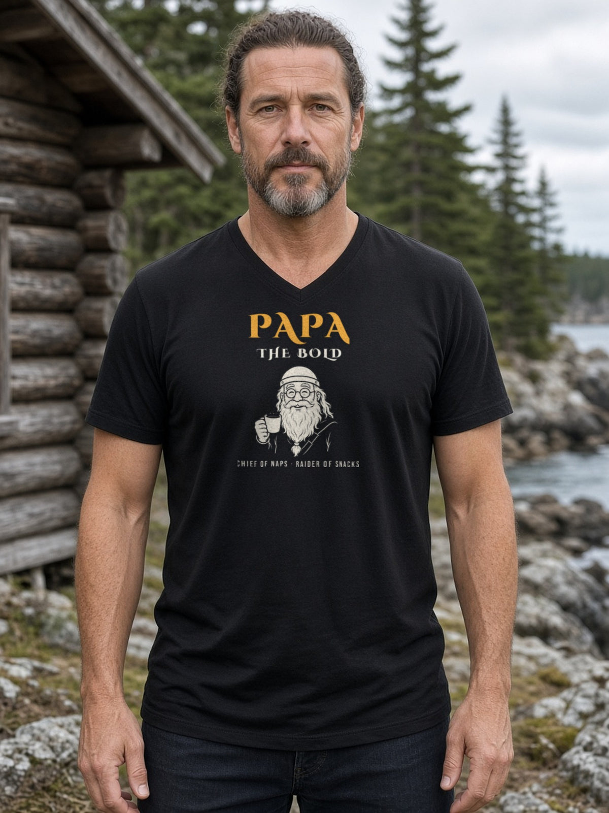 Papa the Bold Viking Grandpa V-Neck Tee - Black