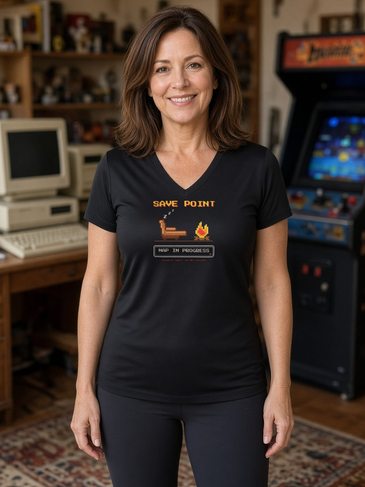 Save Point Nap in Progress Women's V-Neck Tee (Polyester) - Black