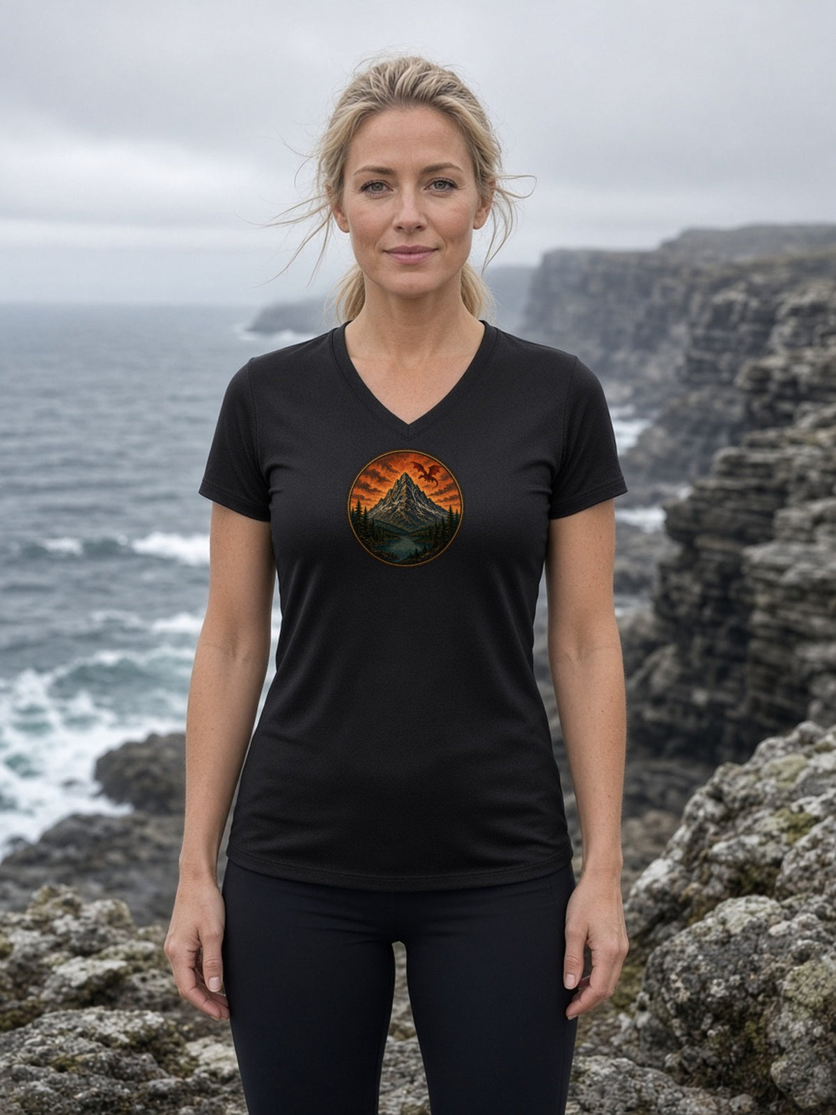 Dragon Over Ember Peak Women's V-Neck Tee (Polyester) - Black