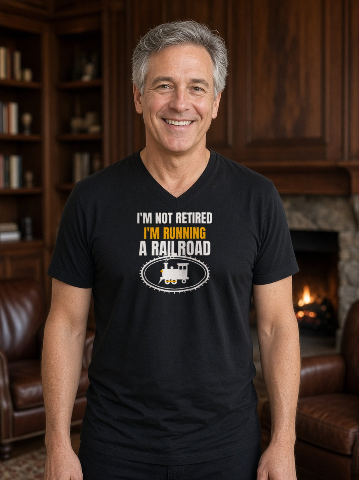 Not Retired, Just Model Railroading Full Time V-Neck Tee - Black