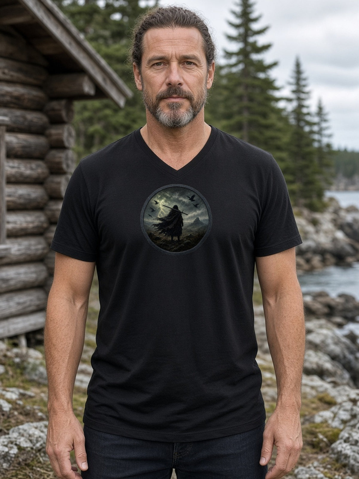 The Storm Moor Swordsman V-Neck Tee (Poly Blend) - Black