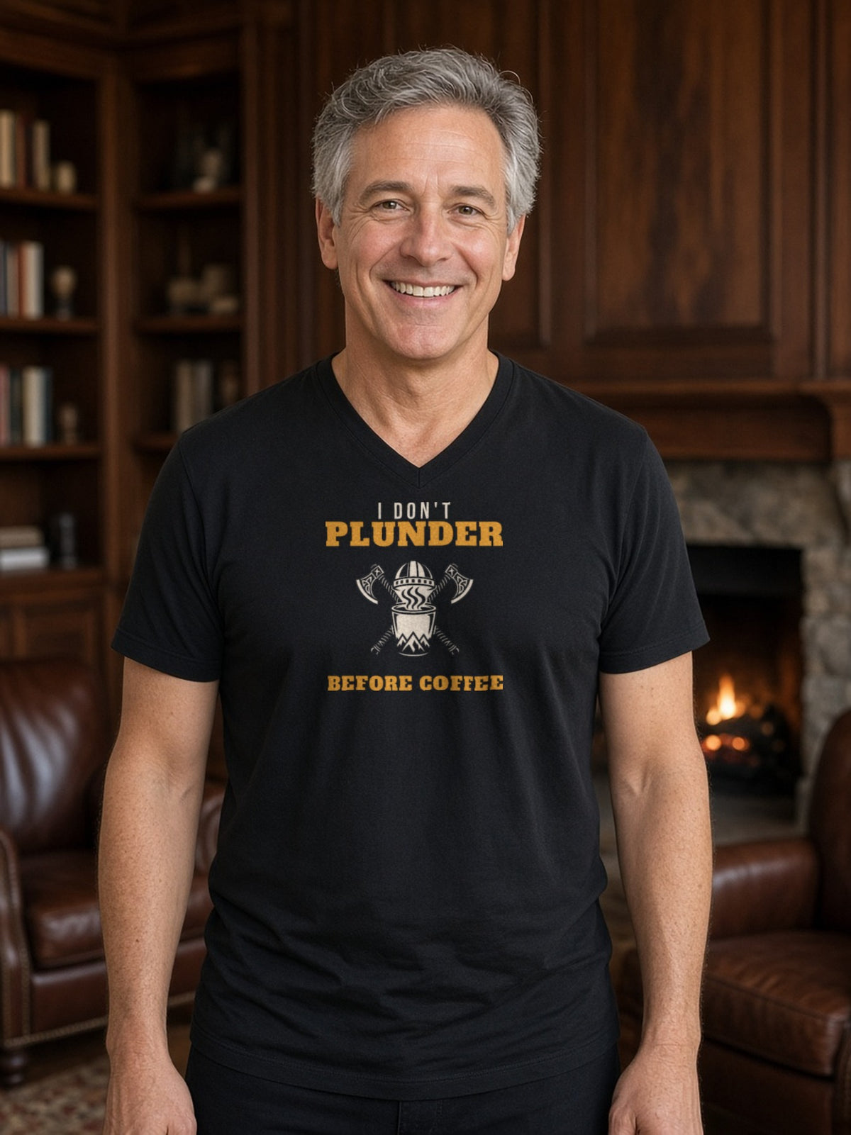 I Don't Plunder Before Coffee Viking V-Neck Tee (Poly Blend) - Black
