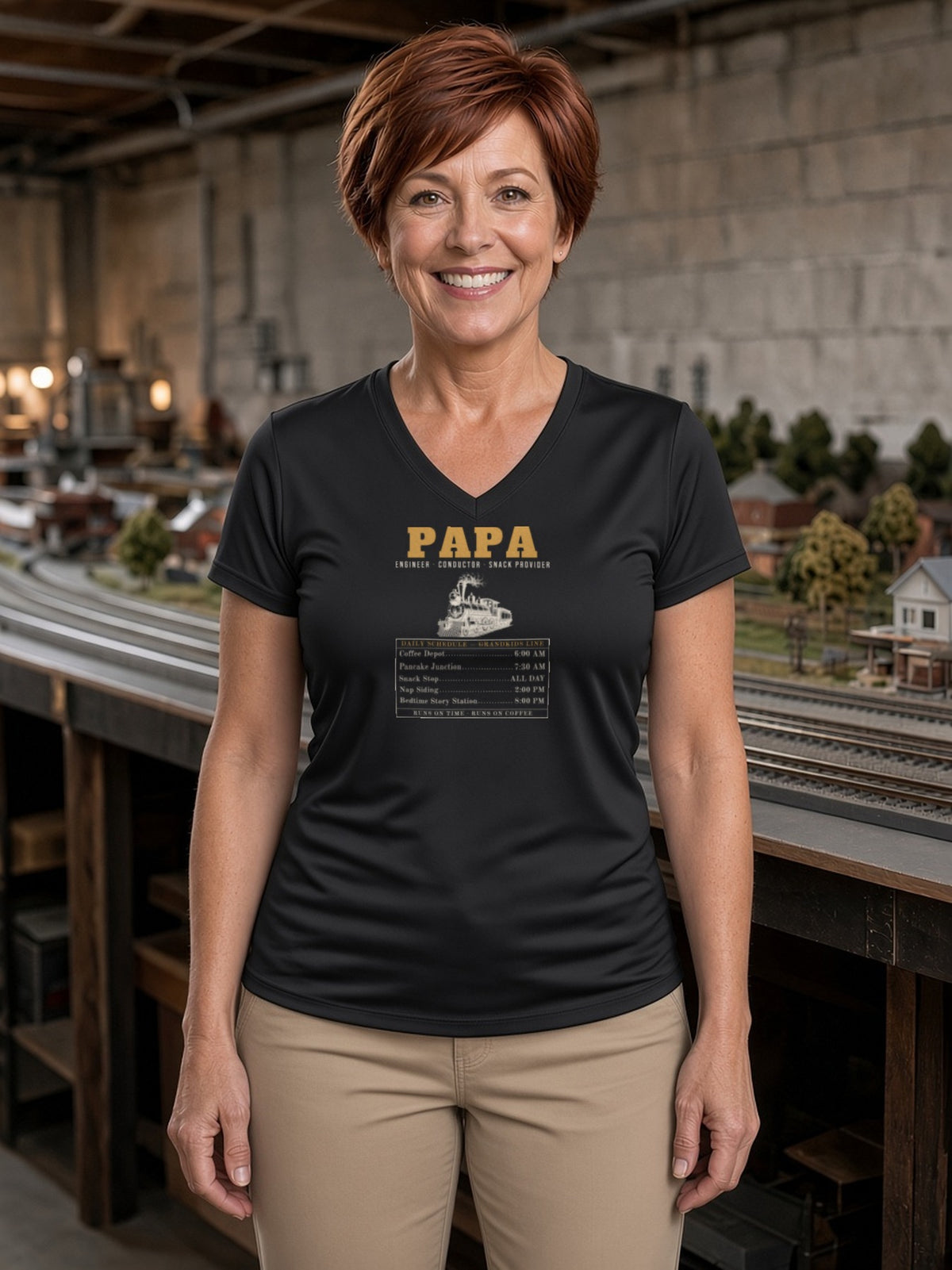 Papa: Engineer, Conductor, Snack Provider Women's V-Neck Tee (Polyester) - Black