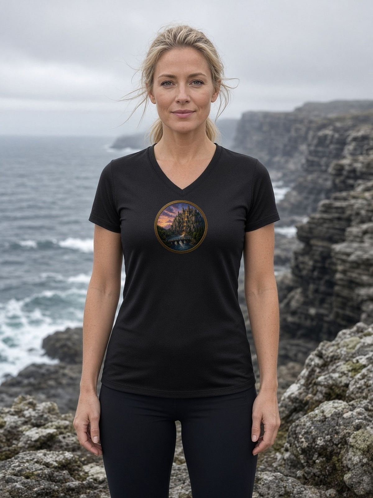 Fortress of the River Gate Women's V-Neck Tee (Polyester) - Black