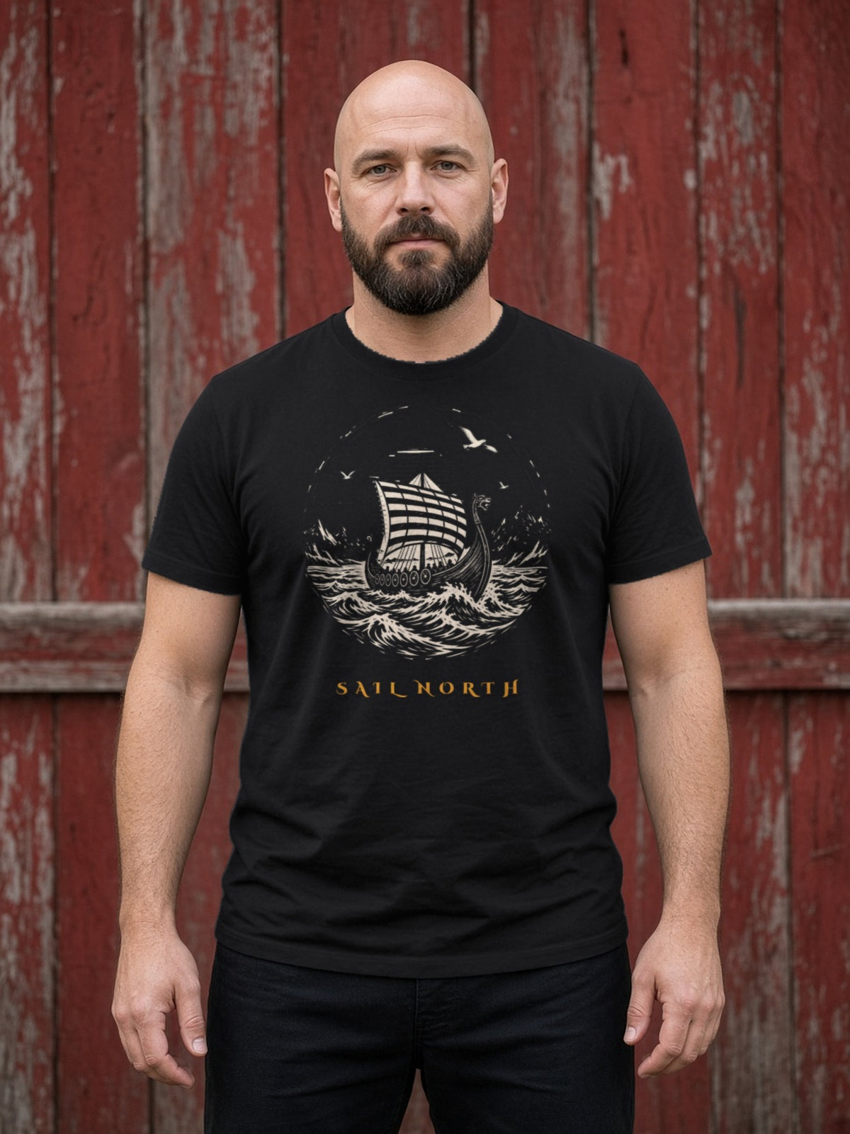 Sail North Longship Woodcut Tee - Black