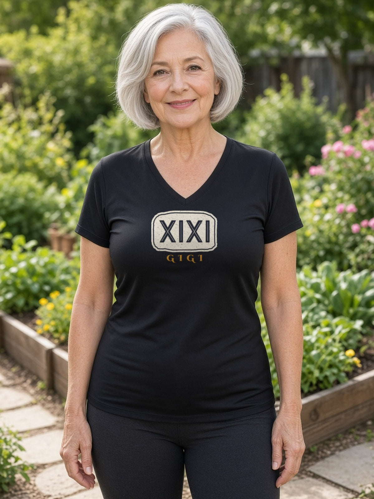 GIGI in Runes Carved Stone Women's V-Neck Tee (Polyester) - Black