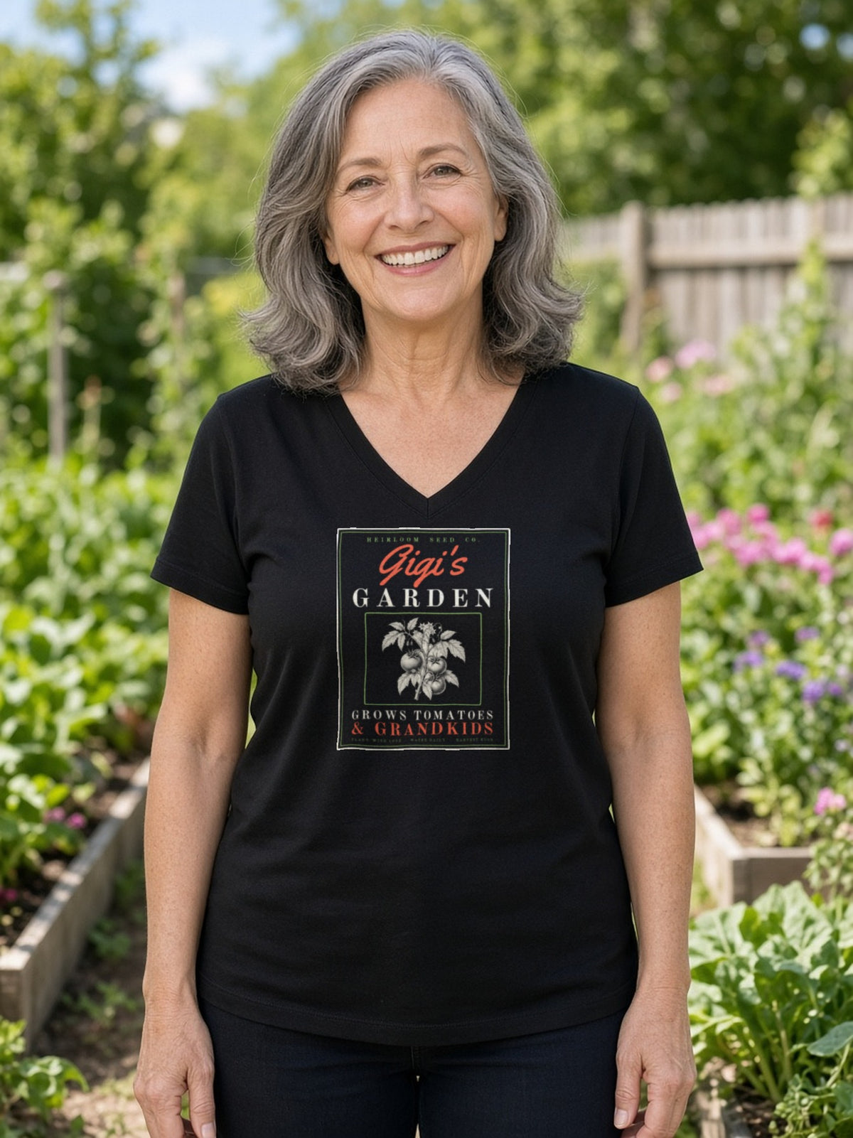 Gigi's Garden Seed Packet V-Neck Tee - Black