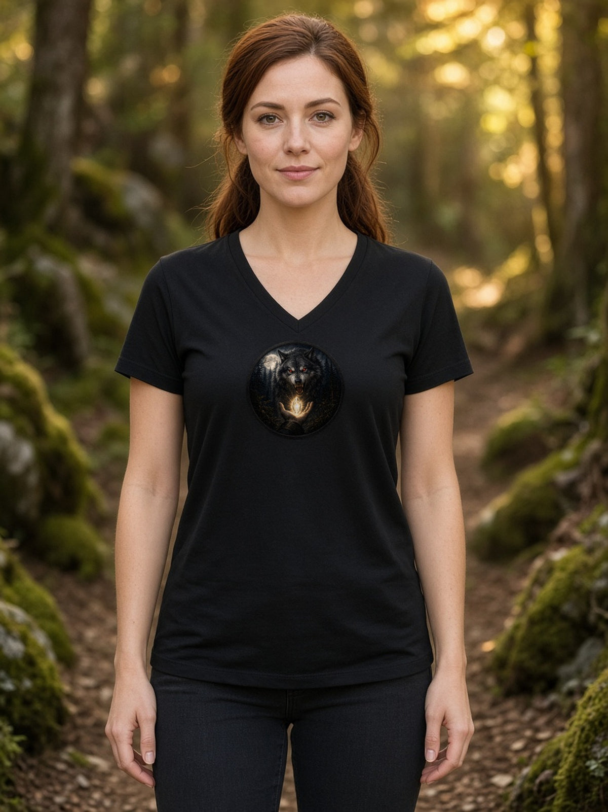 The Wolf and the Shining Gem V-Neck Tee - Black