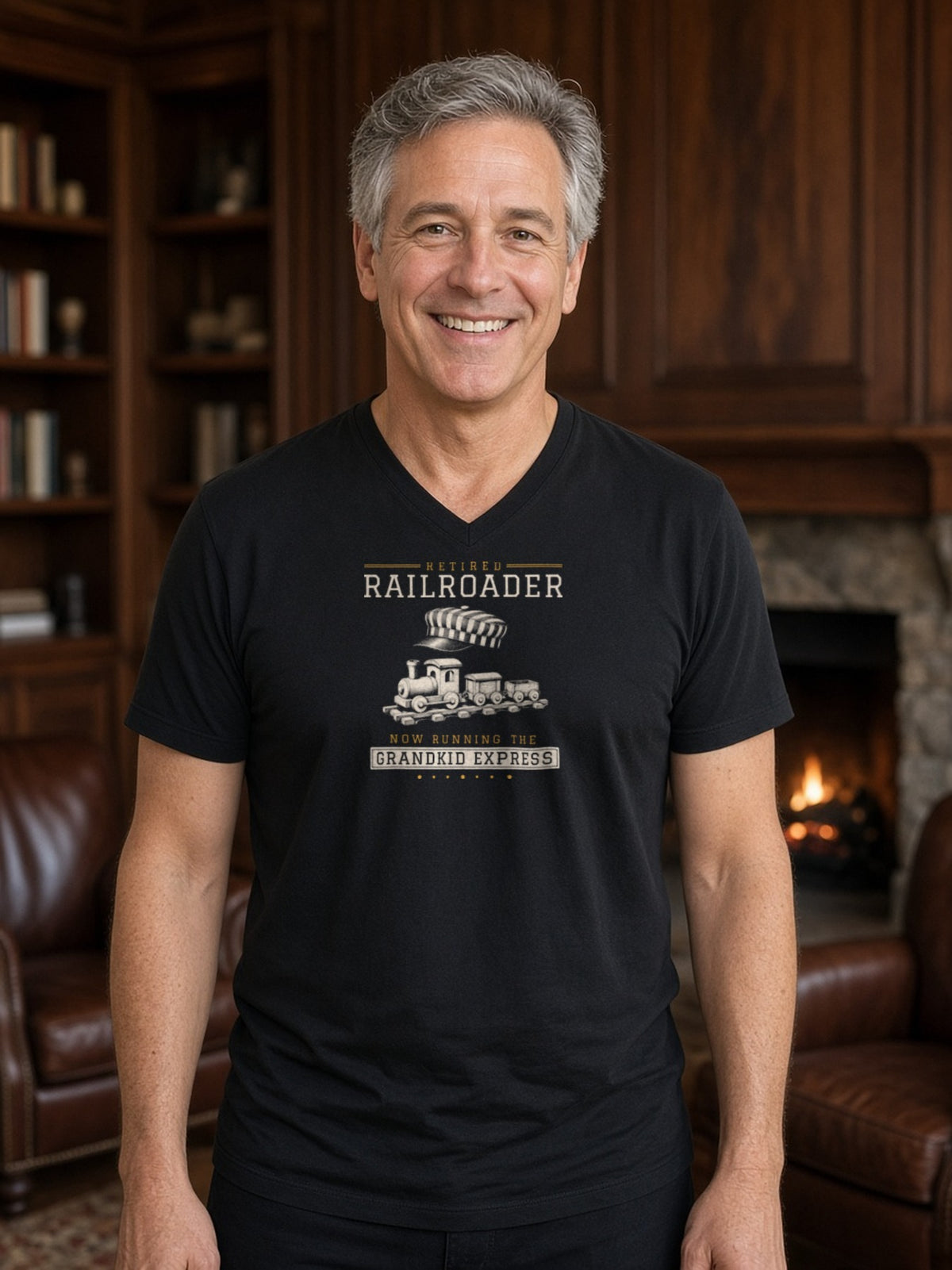 Retired Railroader Grandkid Express V-Neck Tee - Black