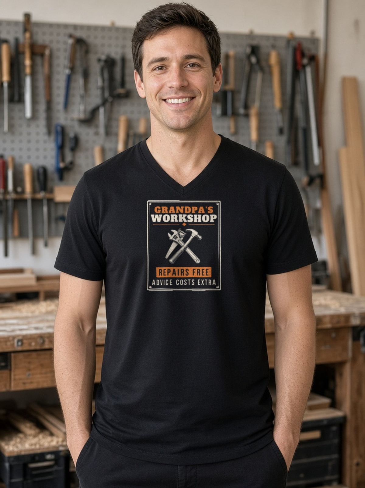 Grandpa's Workshop Tin Sign V-Neck Tee - Black