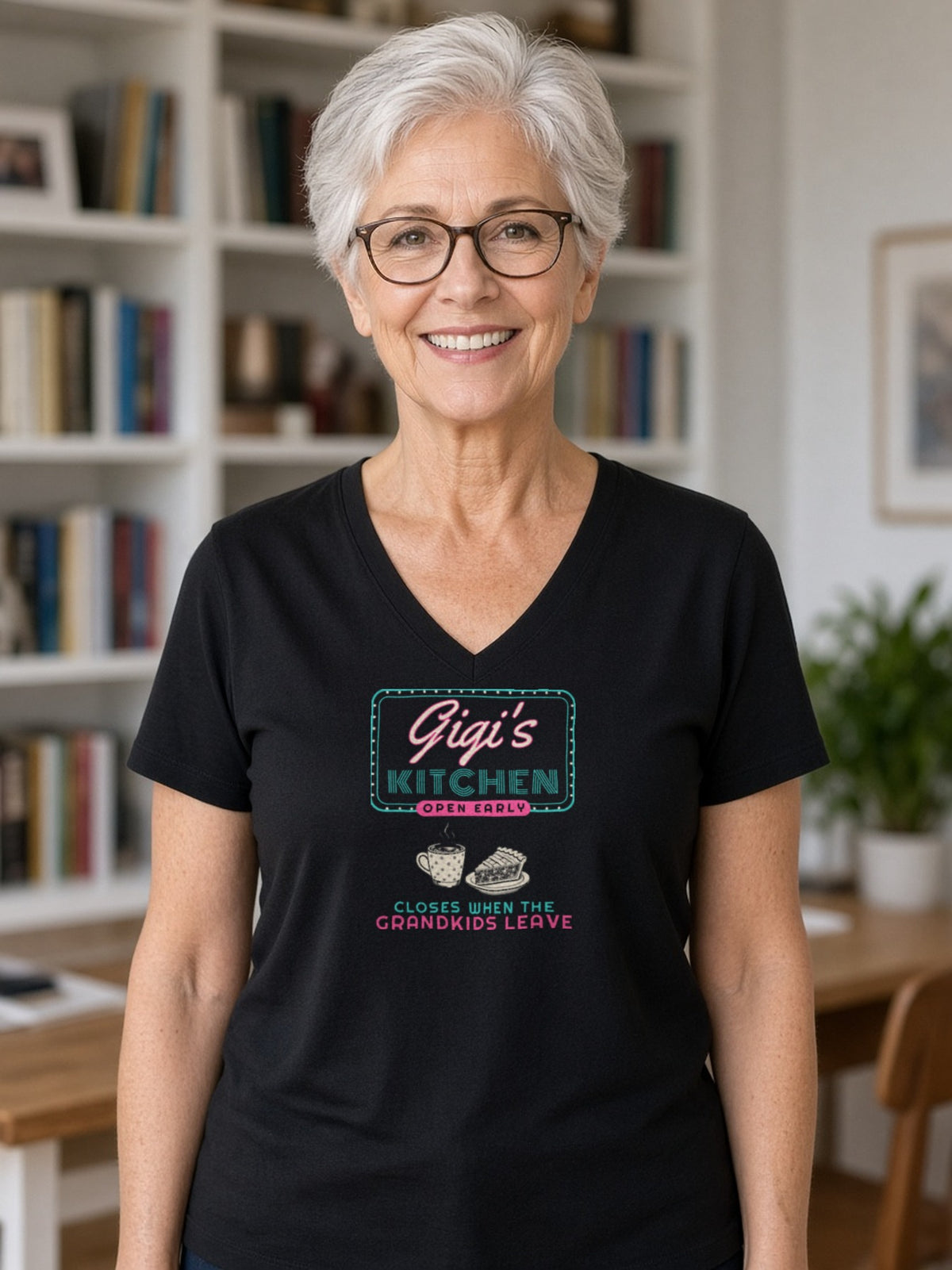 Gigi's Kitchen Retro Diner Sign V-Neck Tee - Black