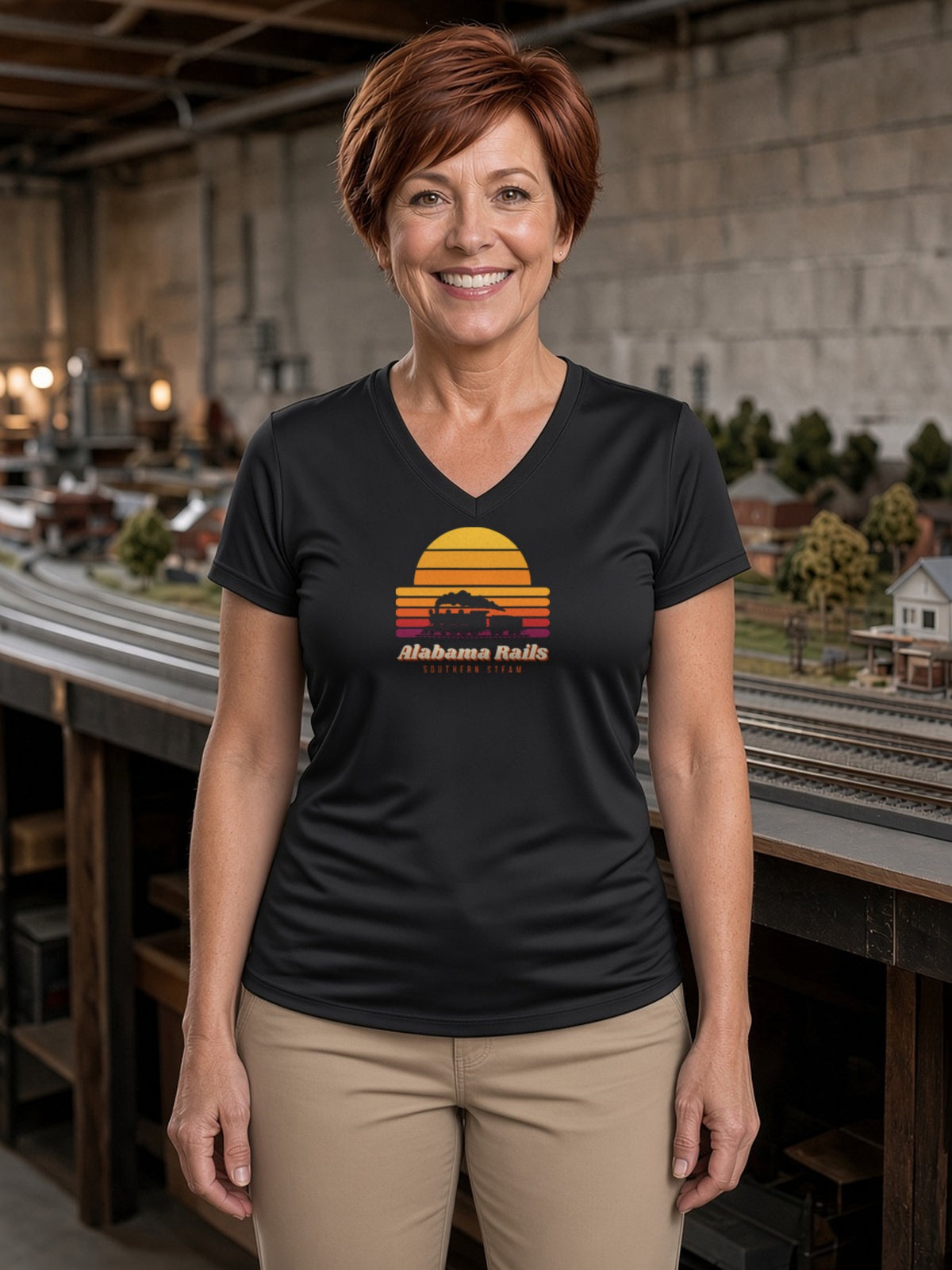 Southern Steam Sunset Alabama Rails Women's V-Neck Tee (Polyester) - Black