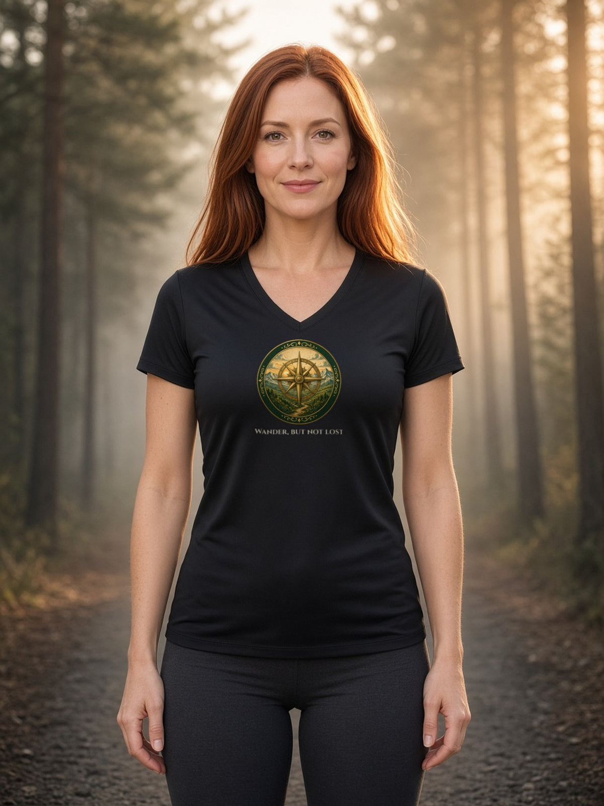 Wander, but Not Lost Compass Women's V-Neck Tee (Polyester) - Black