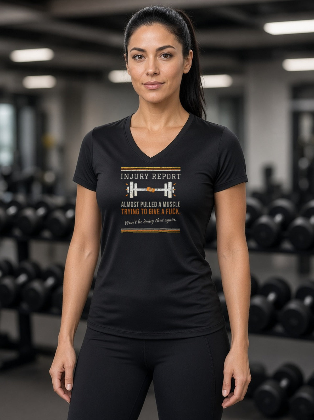 Almost Pulled a Muscle Women's V-Neck Tee (Polyester) – Injury Report - Black