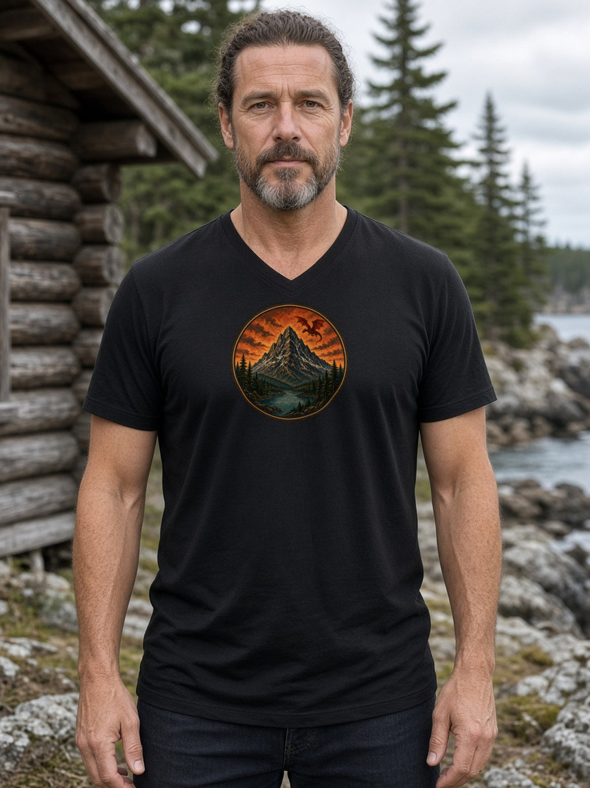 Dragon Over Ember Peak V-Neck Tee - Black