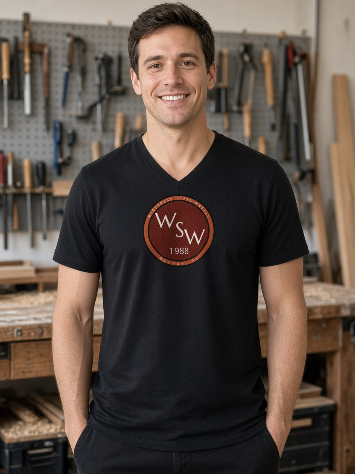Wiregrass Steel Wheels V-Neck Tee - Black