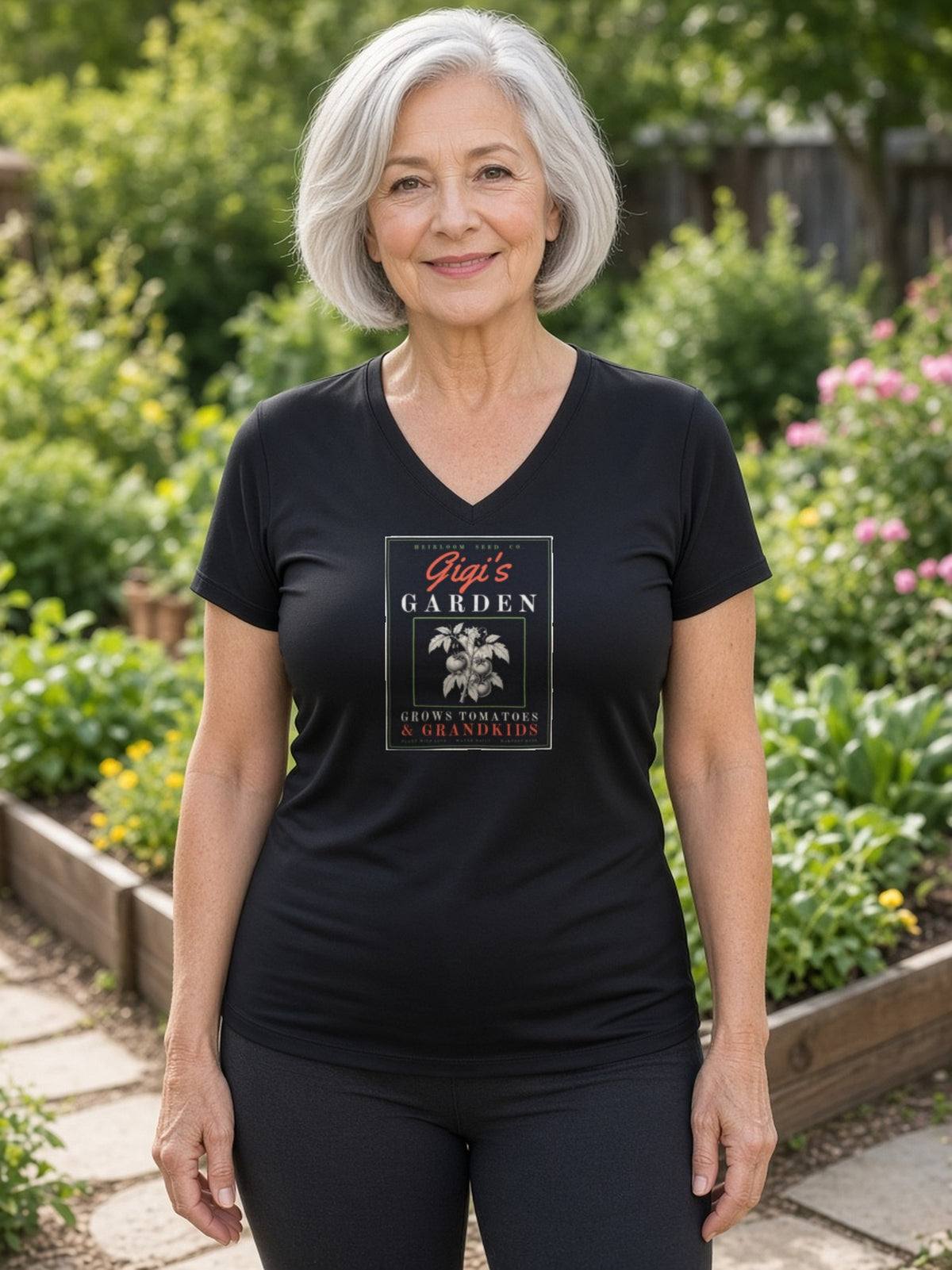 Gigi's Garden Seed Packet Women's V-Neck Tee (Polyester) - Black