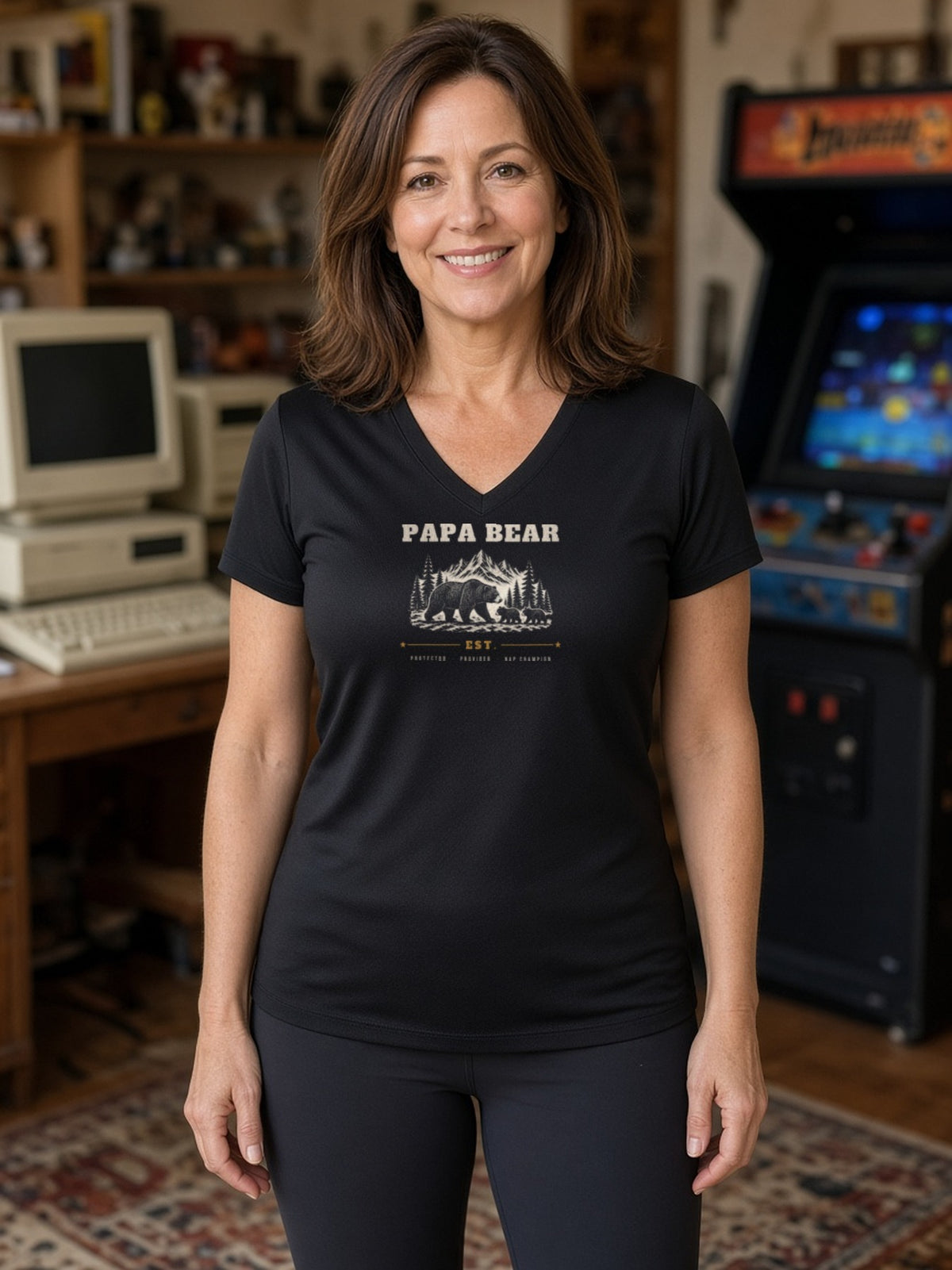 Papa Bear Woodcut Women's V-Neck Tee (Polyester) - Black