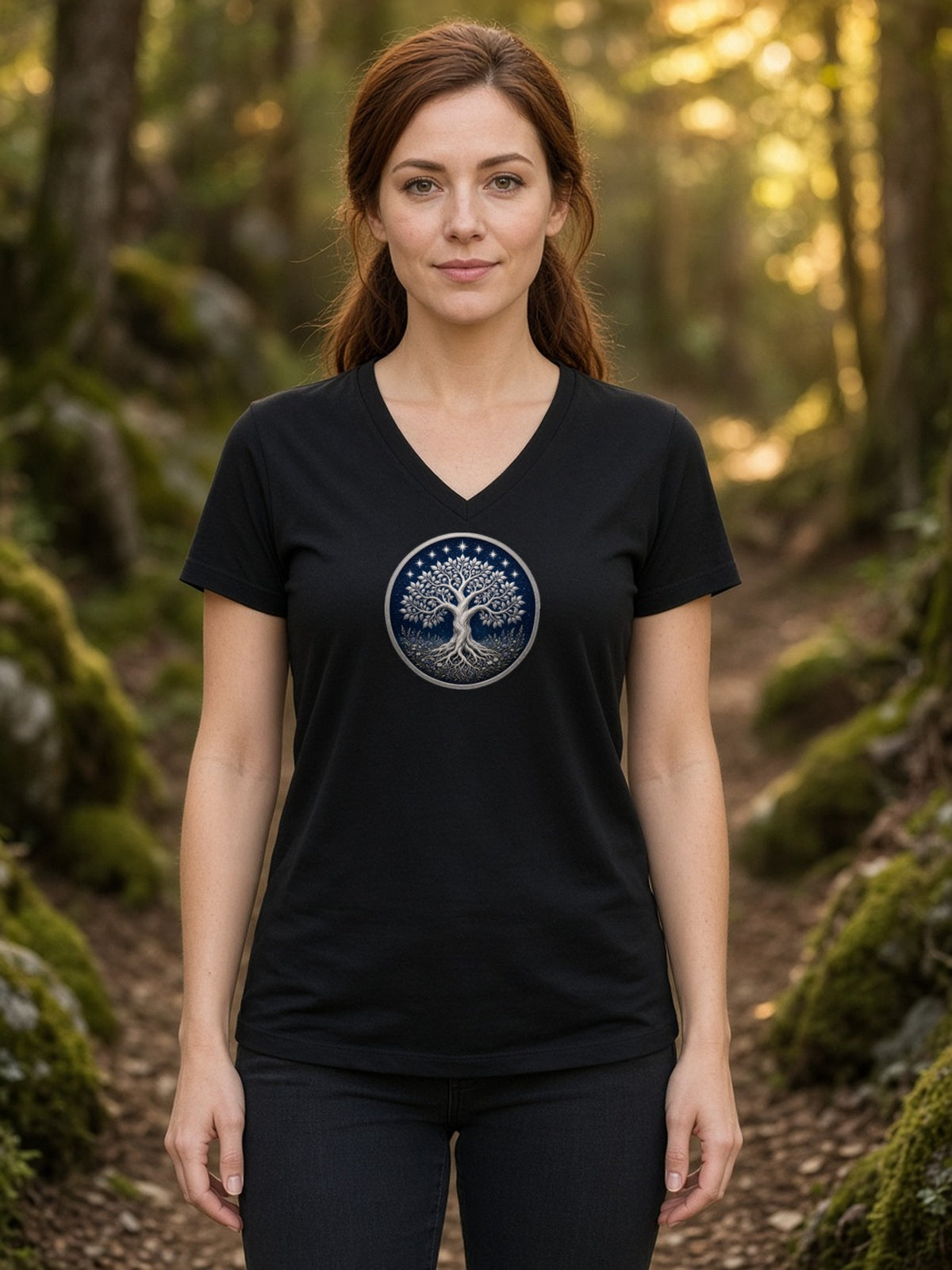Silver Tree of Seven Stars V-Neck Tee (Poly Blend) - Black