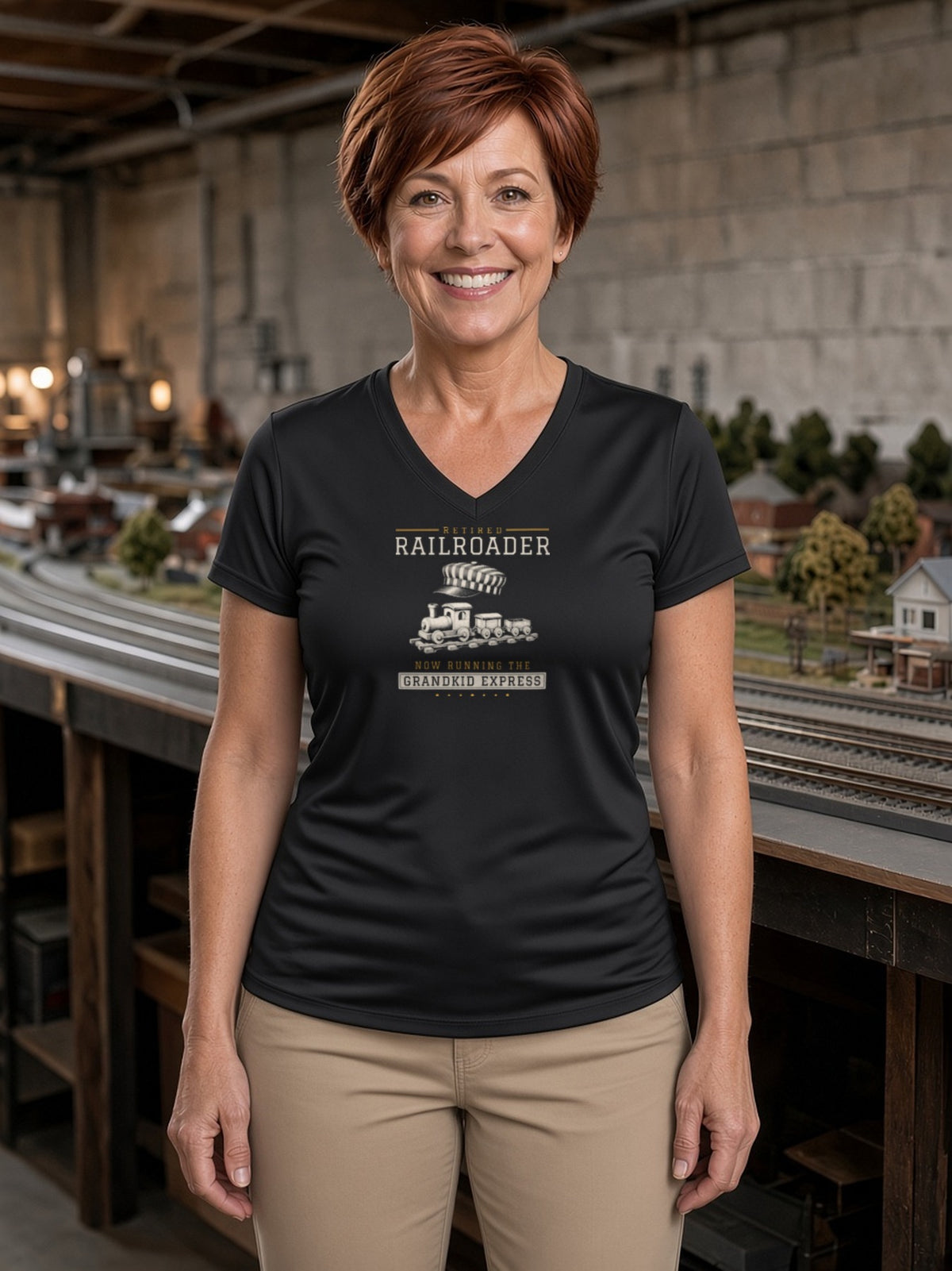 Retired Railroader Grandkid Express Women's V-Neck Tee (Polyester) - Black
