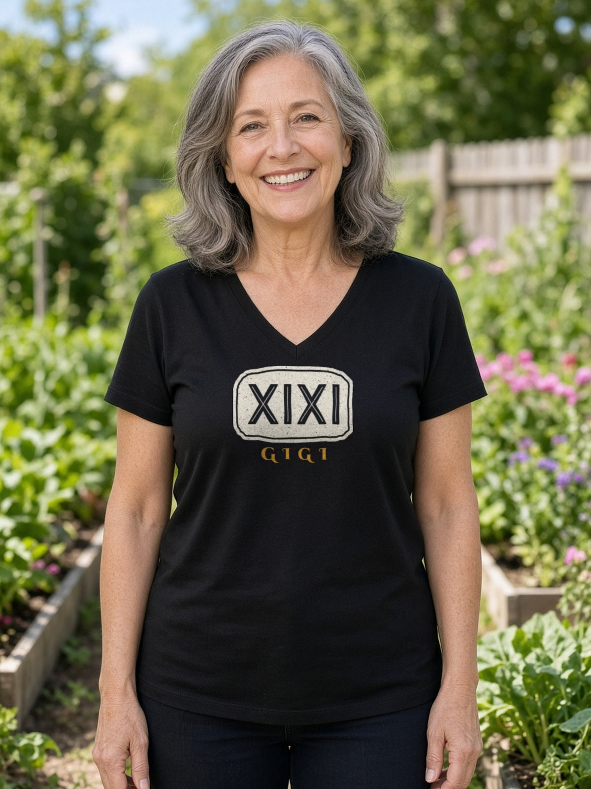 GIGI in Runes Carved Stone V-Neck Tee - Black