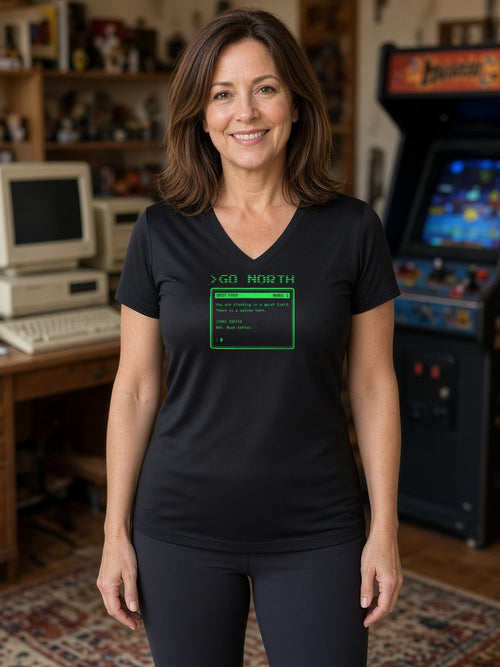 >GO NORTH Retro Text Adventure Women's V-Neck Tee (Polyester) - Black
