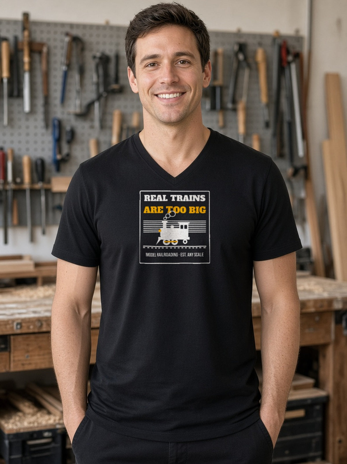 Real Trains Were Too Big V-Neck Tee (Poly Blend) - Black