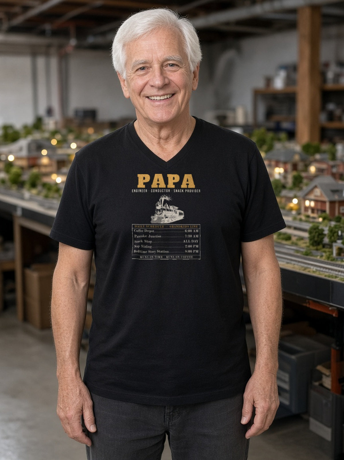 Papa: Engineer, Conductor, Snack Provider V-Neck Tee (Poly Blend) - Black